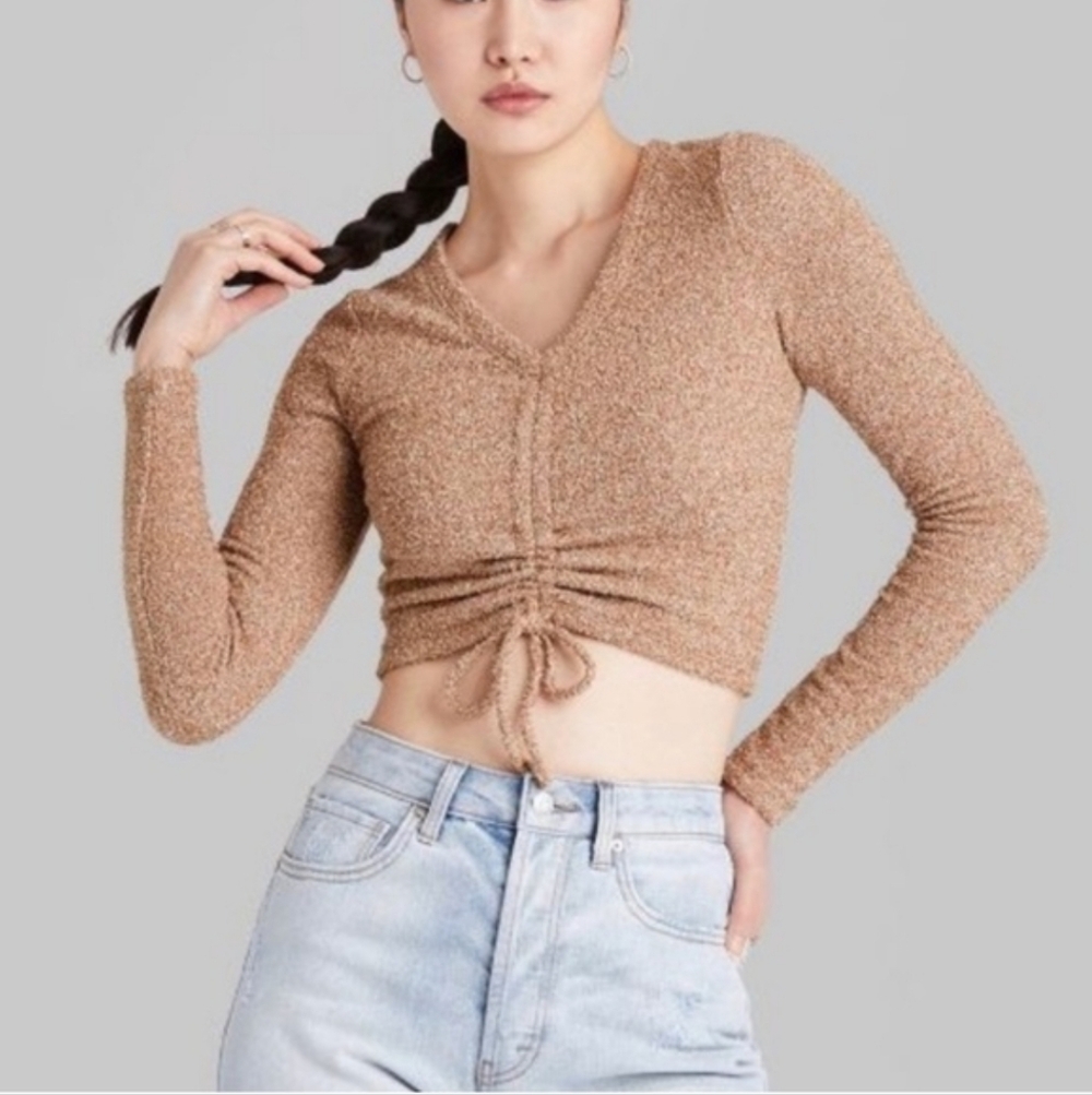 wild fable Cropped Ruched V-Neck Sweater - Camel